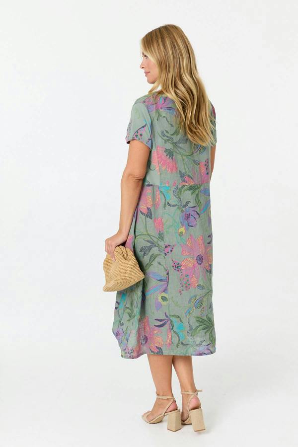 Sage | Floral Oversized Short Sleeve Midi Dress