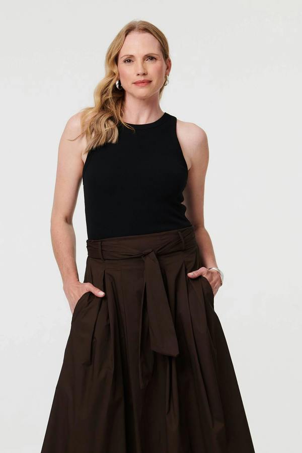Brown | Tie High Waist Ruched Maxi Skirt