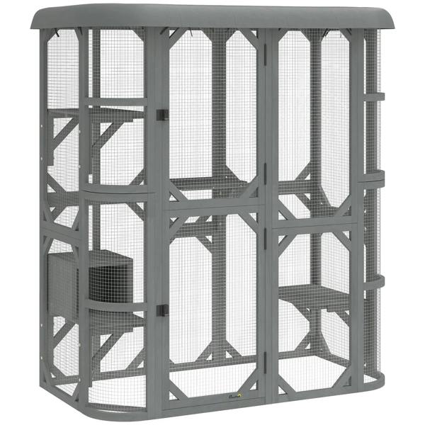 Grey wooden outdoor cat enclosure with mesh panels and raised platforms