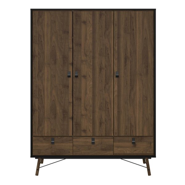 Wyld Haus Juno Black and Walnut Wood Wardrobe 3 Doors 3 Drawers