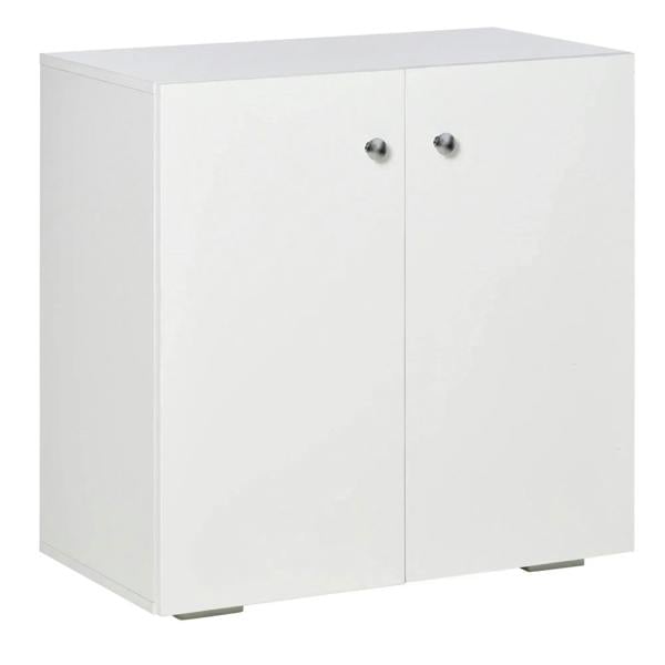 White freestanding storage cabinet with two doors and silver knob handles.