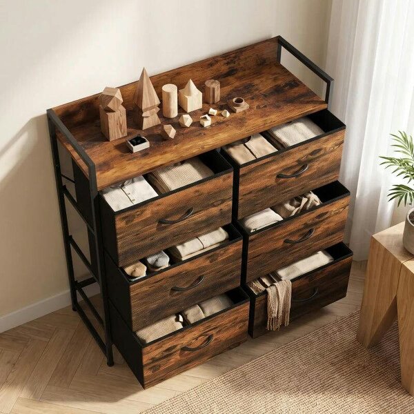 Rustic Chest of Six Fabric Drawers - Rustic Brown