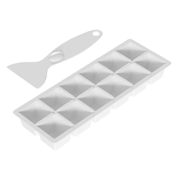 White ice cube tray with molded compartments and handle cutout