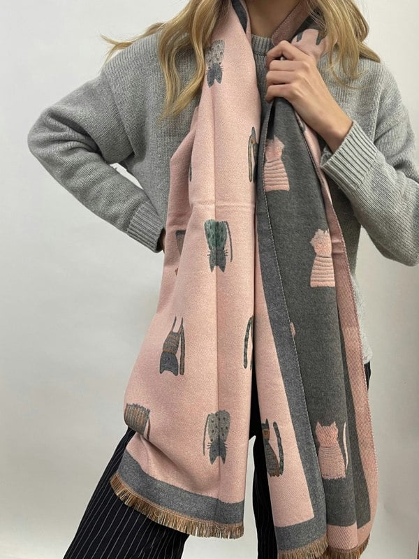 SVNX Cat Printed Scarf in Pink & Grey - Wool Blend