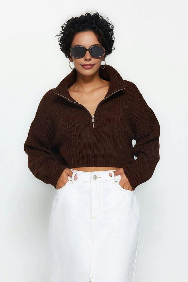 WOVCOR Super Crop Knit Sweater with Zipper Detail