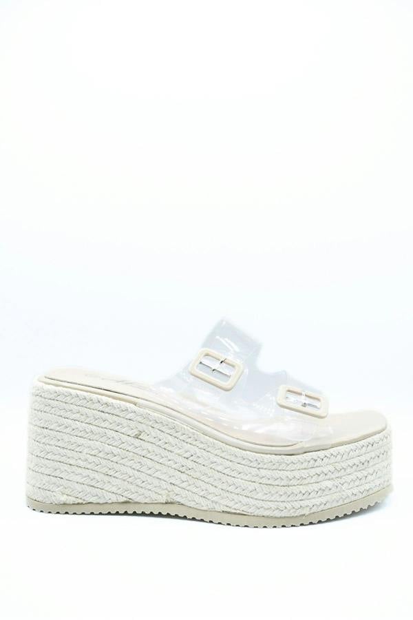 Edna Double Buckle Transparent Straps Slip On Wedge Heels - Beige
