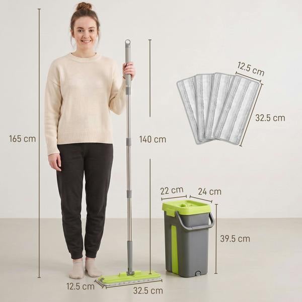 HOMCOM Mop and Bucket Set with 2 Chambers, 5 Microfiber Pads, Dark Grey