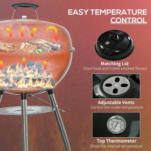 Black portable kettle charcoal grill with matching lid and adjustable air vents.