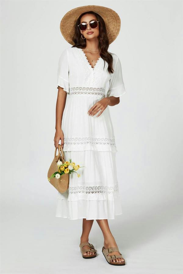 FS Collection V Neck Lace Detail Midi Dress In White