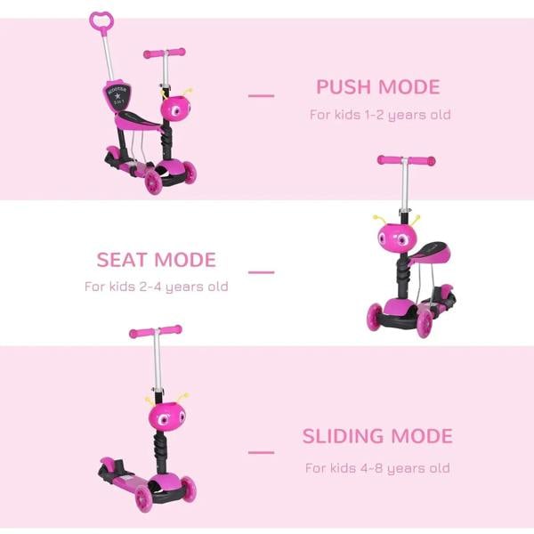 Pink kids scooter in multiple riding modes with adjustable push handle and three wheels