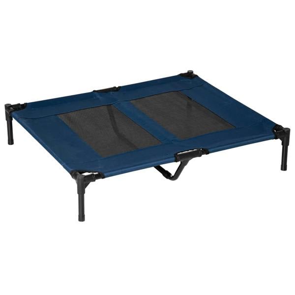 Blue elevated pet cot bed with black metal legs and mesh sleeping surface