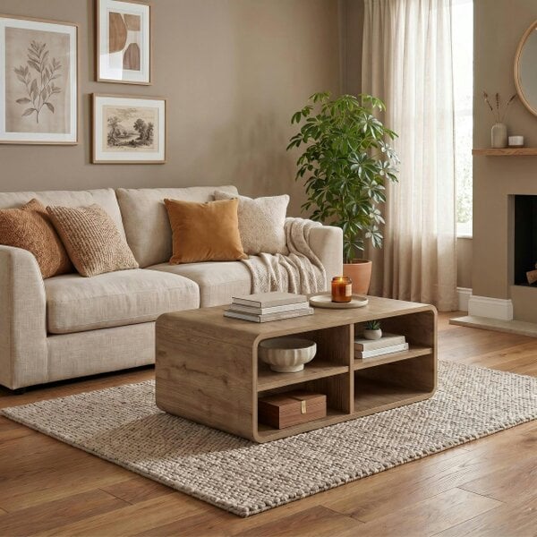 Decortie Rovel Modern Coffee Table 80cm 4 Open Compartments Soft Rounded Edges Natural Oak Living Room
