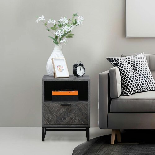 Wyld Haus Fari Dark Grey Bedside Table With Drawer And Shelf Storage And Steel Legs