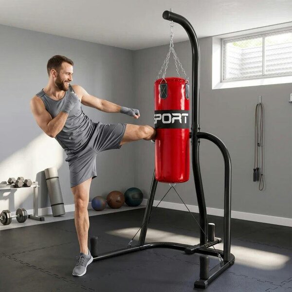 Punching Bag with Stand for Adults, Freestanding Boxing Stand with Heavy Bag and Weight Plate Storage, Red - Red