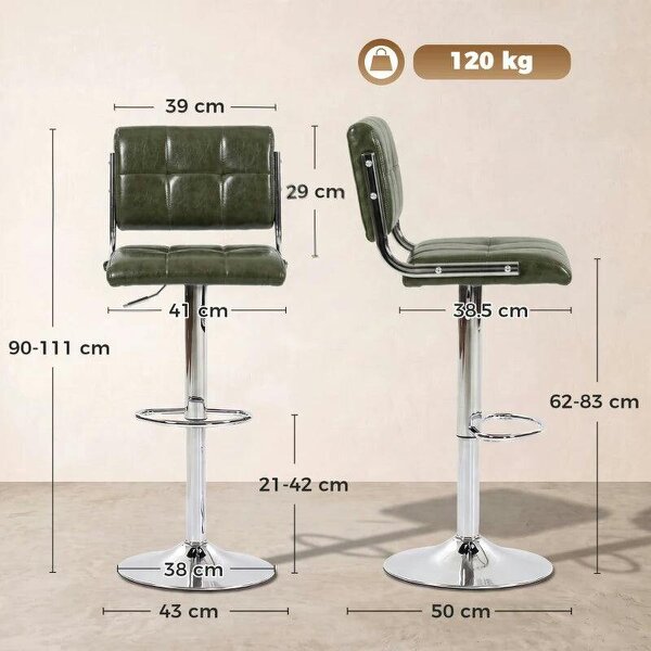 Bar Stools Modern PU Leather Adjustable Breakfast Bar Stools Backrest Set of 2 Green