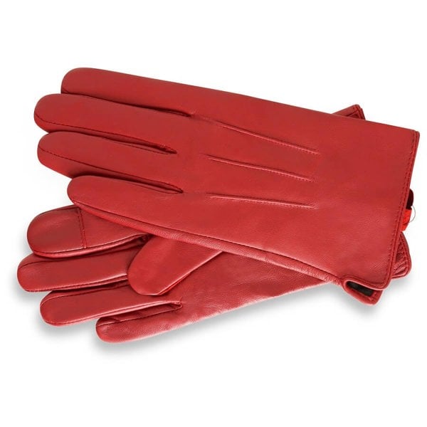 Image displays a pair of red leather gloves for women. The gloves are unworn and are photographed against a white background.