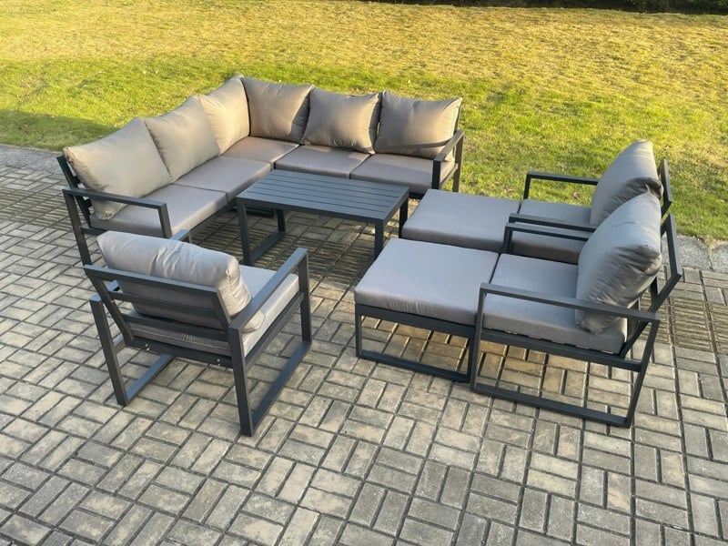 Fimous 10 Seater Aluminium Outdoor Garden Furniture Set Patio Lounge Sofa with Oblong Coffee Table Chair 2 Big Footstools Dark Grey