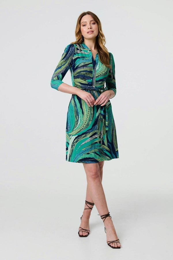 Green | Leaf Print 3/4 Sleeve Short Dress