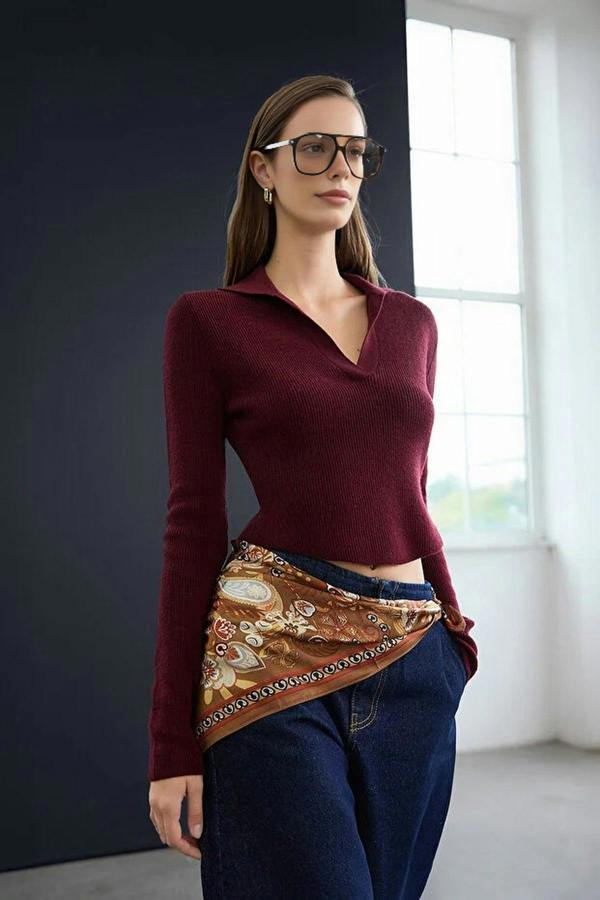 WOVCOR Soft Textured Polo Neck Wool Knit Sweater