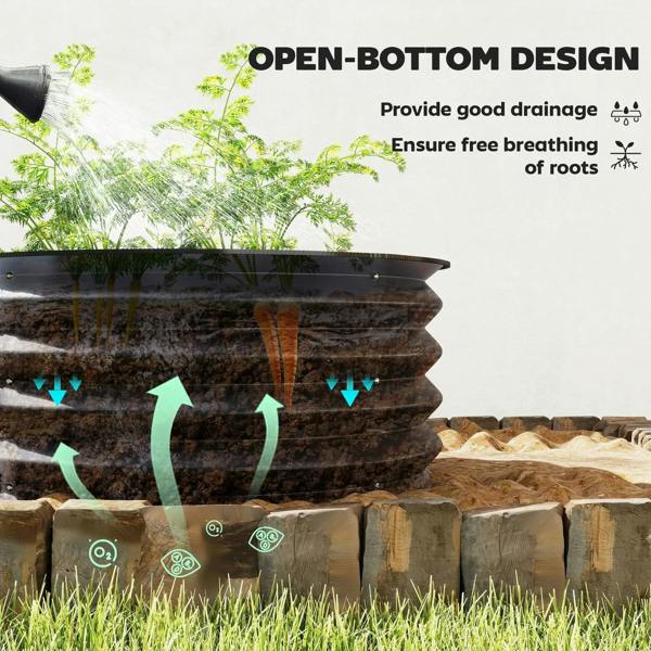 Open-bottom dark grey metal garden bed set with drainage gap for soil