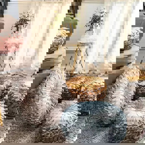 ANYHOUZ Round Pleated Velvet Pillow Soft Cushion Fill