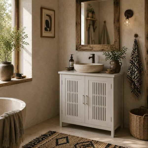 Wyld Haus Novaso White Under Sink Vanity Unit With Double Doors And Adjustable Shelving Modern Design