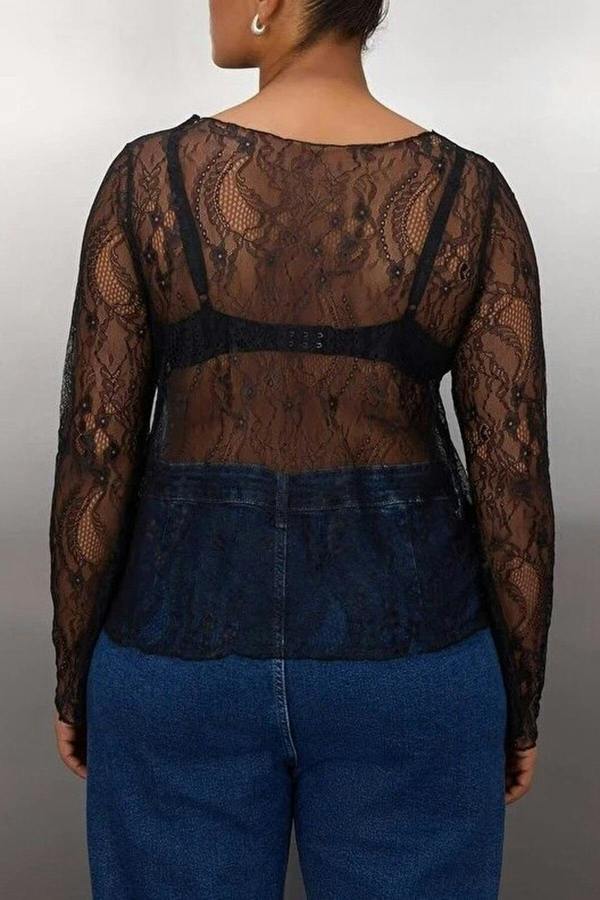 WOVCOR Regular Fit Boat Neck Lace Knit Plus Size Blouse