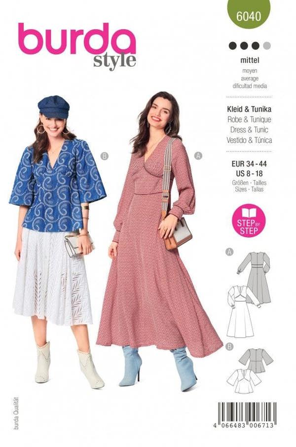 Burda Sewing Pattern 6040 Dresses, Tunics and Tops For Women, 8 -18 (34 - 44) - Intermediate