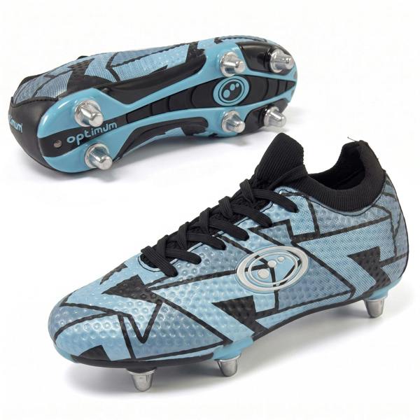 Blue Optimum Aztec rugby boot, angled side and sole views showing screw-in metal studs and lace-up - Optimum