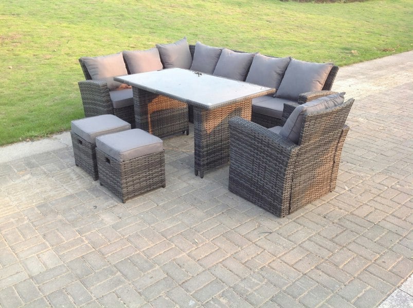 Fimous 9 Seater High Back Rattan Garden Furniture Set Corner Sofa With Black Tempered Dining Table 2 Stools With Arm Chair