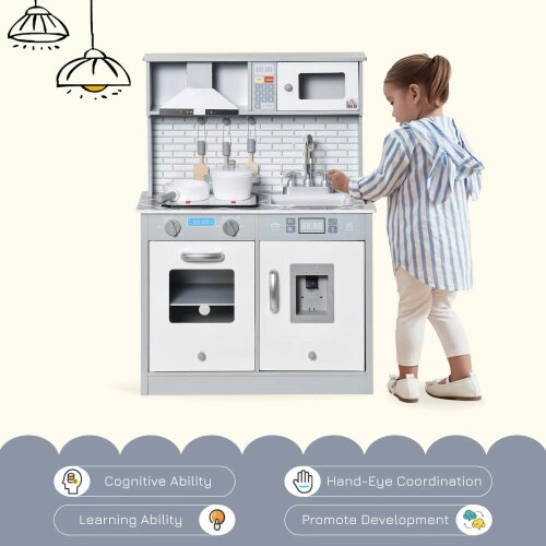 Bobobiy Kids Wooden Toy Kitchen Pretend Play Cooking Playset with Sound & Light Effect, Marble Pattern Countertop, for 3-6 Years Old