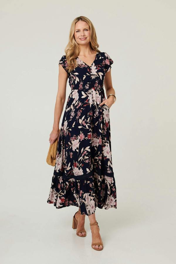 Navy | Floral Cap Sleeve Shirred Maxi Dress