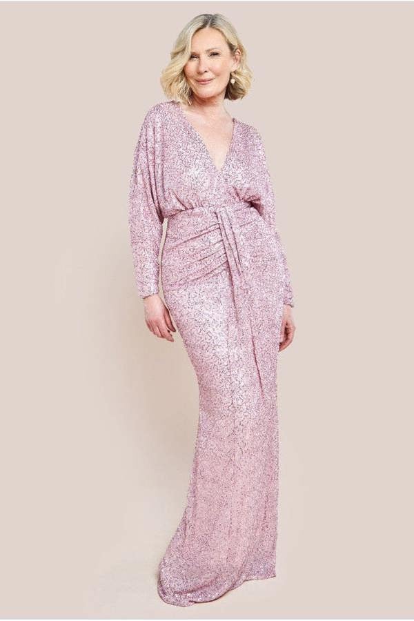 Plunge V-Neck Sequin Maxi Dress - Blush DR3833M