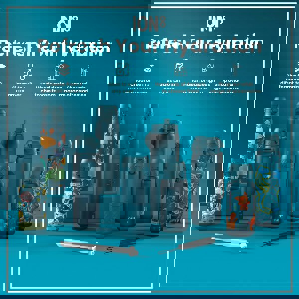 Several teal water bottles, varying in size and design, are displayed on a teal surface. Some bottles feature cartoonish designs. The text reads: ION8 Refresh Your Hydration, Choose from 3 different materials, Sizes to suit any user, Hundreds of designs to choose from, Shop our wide range of accessories.