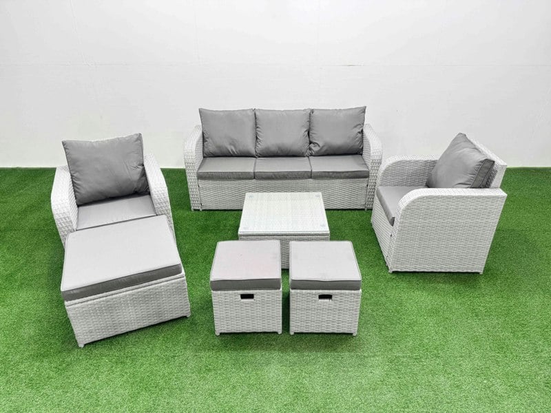 Fimous PE Rattan Garden Furniture Set Reclining Chair Sofa Lounge Sofa Set Square Coffee Table 3 Stools Light Grey