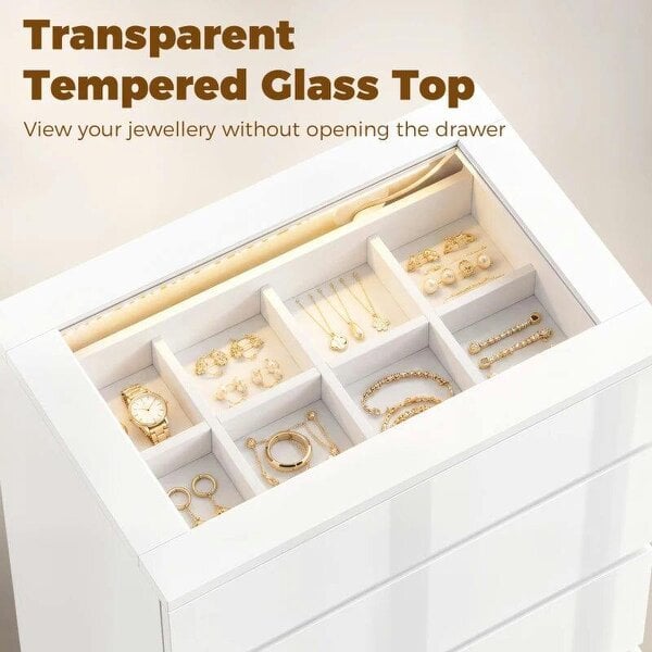 High Gloss 4 Drawer Chest of Drawers with Glass Top and RGB LED Lights, Dresser with Jewelry Organizer, APP Control
