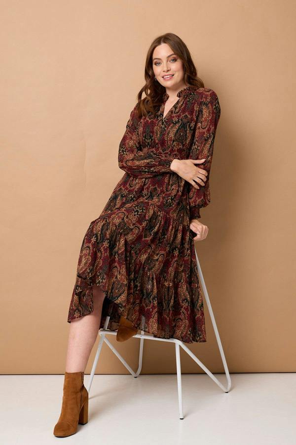 Black | Paisley Tiered Long Sleeve Maxi Dress