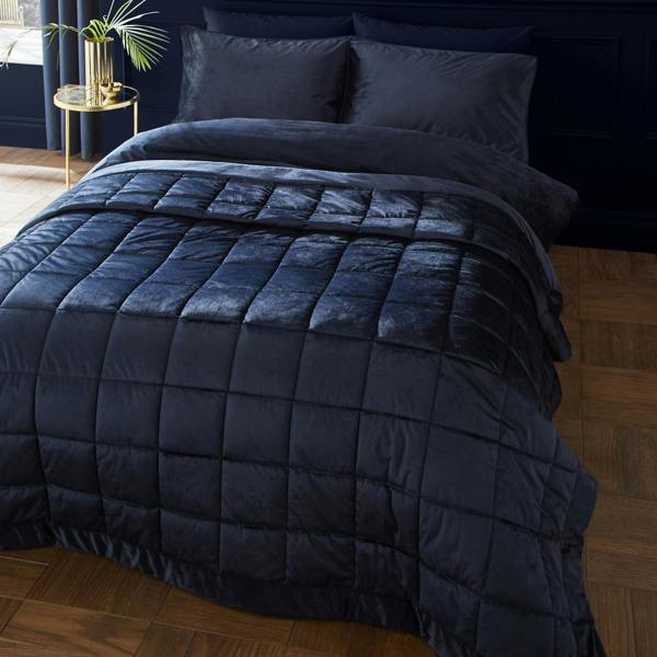 Catherine Lansfield Kingsley Matt Velvet Quilted Bedspread Navy Blue