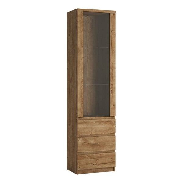 Wyld Haus Hemingway Natural Oak Wood Tall Narrow Display Cabinet 1 Door 3 Drawer