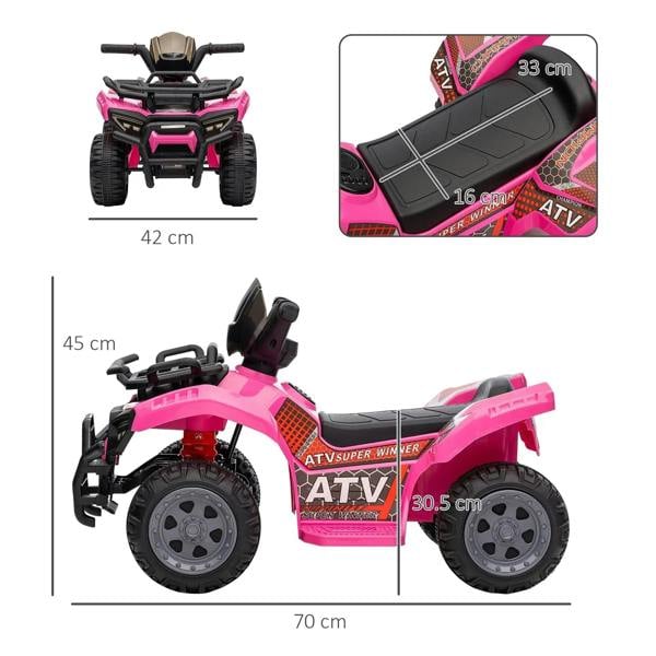 Pink kids electric ride-on quad bike with size dimensions shown