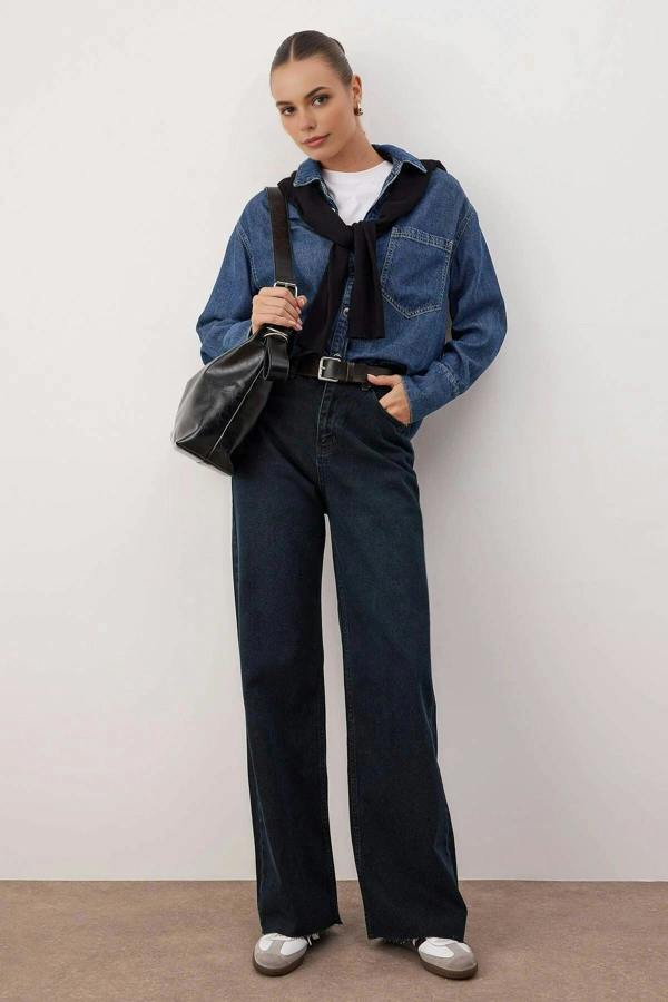 WOVCOR High Waist Wide Leg Jeans with Cut-Out Legs