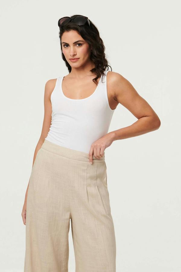 Beige | High Waist Wide Leg Trousers