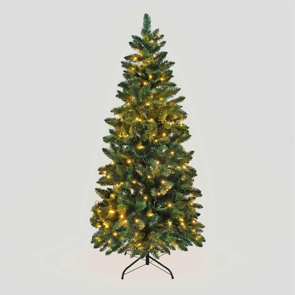Shatchi 4ft to 7ft Slim Green Pre-Lit Pine Christmas Trees with Warm White LEDs and Metal Stand - 7FT - PVC - Green