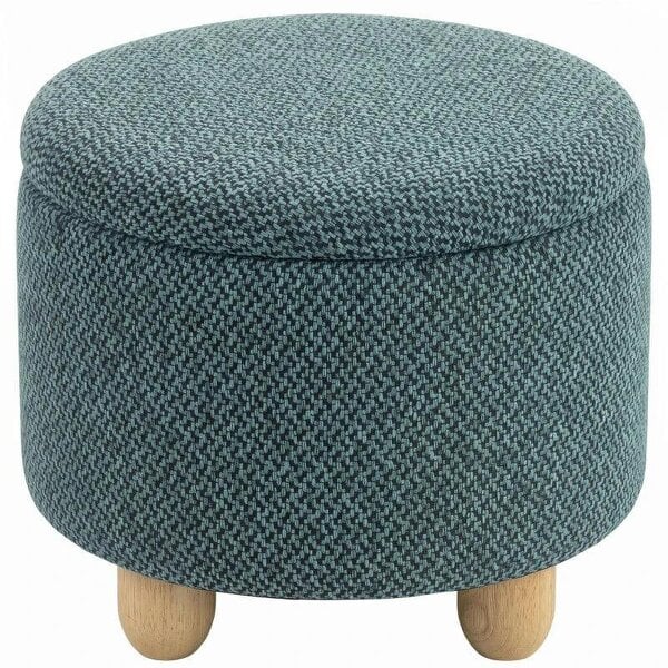 Storage Sitting Bench with Lid, Round Storage Ottoman with Rubberwood Legs, Dark Blue
