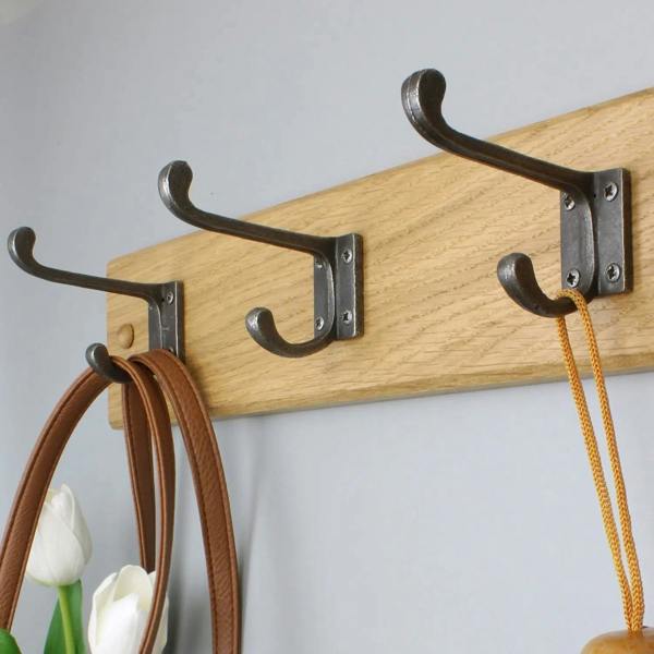 Handcrafted Solid Oak Coat Rack with Cast Iron Hall Stand Hooks