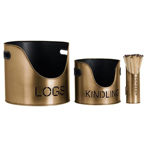 Hill Interiors Antique Style Bronze Matchstick Holder with Logs & Kindling Buckets - Bronze - 