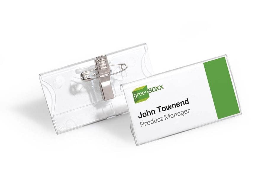 Durable Acrylic Clip & Pin Name Tag Badge Holders + Inserts | 25 Pack | 40x76mm