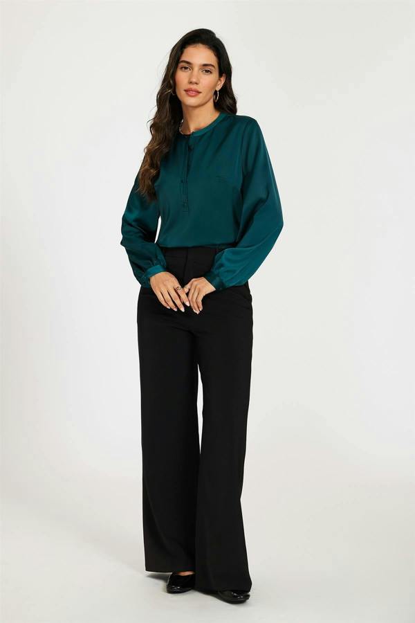 FS Collection Long Sleeve Satin Blouse Top In Teal
