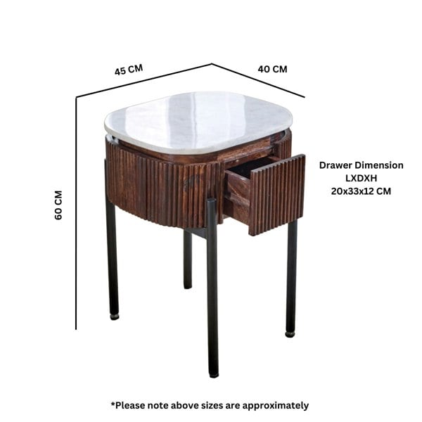 IH Design Miel Mango Wood Bedside Table With Marble Top & Metal Legs