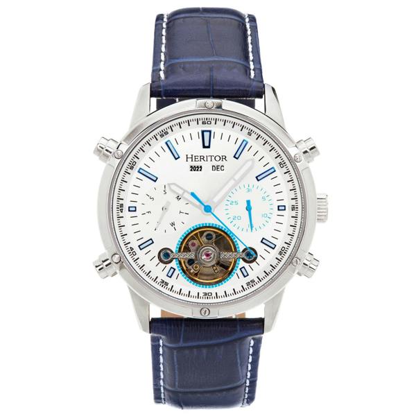 Heritor Automatic Wilhelm Semi-Skeleton Leather-Band Watch w/Day/Date - Blue - HERHS2104